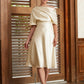 Jessie A-Line/Princess Charmeuse Ruched Off-the-Shoulder 1/2 Sleeves Tea-Length Mother of the Bride Dresses DLP0020363