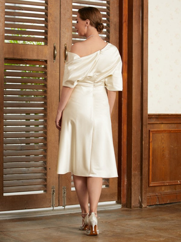 Jessie A-Line/Princess Charmeuse Ruched Off-the-Shoulder 1/2 Sleeves Tea-Length Mother of the Bride Dresses DLP0020363