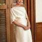 Jessie A-Line/Princess Charmeuse Ruched Off-the-Shoulder 1/2 Sleeves Tea-Length Mother of the Bride Dresses DLP0020363