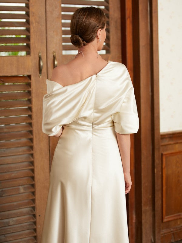 Jessie A-Line/Princess Charmeuse Ruched Off-the-Shoulder 1/2 Sleeves Tea-Length Mother of the Bride Dresses DLP0020363