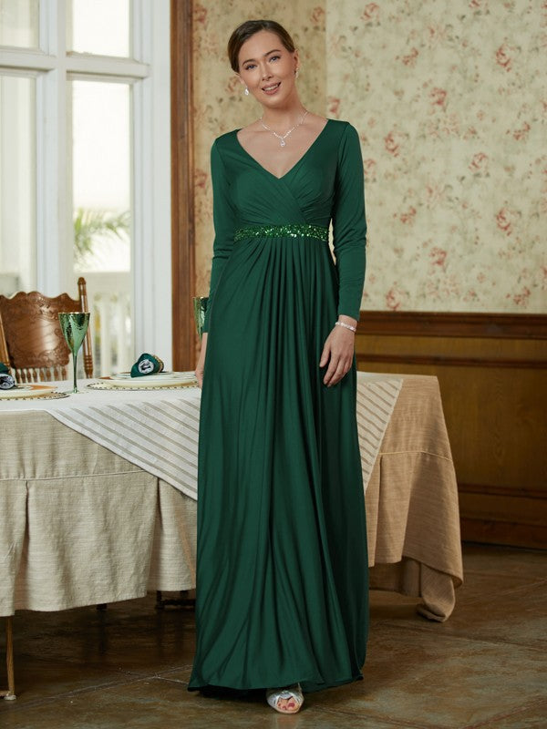 Makenzie A-Line/Princess Jersey Beading V-neck Long Sleeves Sweep/Brush Train Mother of the Bride Dresses DLP0020357