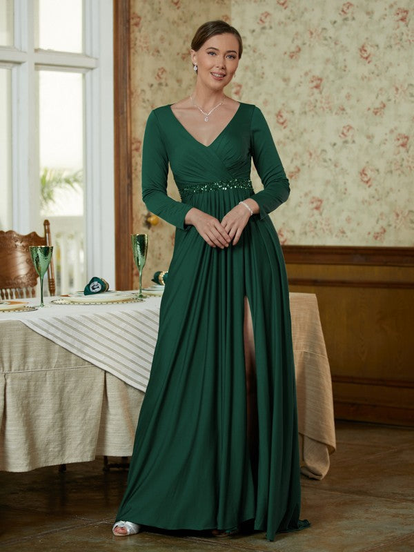 Makenzie A-Line/Princess Jersey Beading V-neck Long Sleeves Sweep/Brush Train Mother of the Bride Dresses DLP0020357