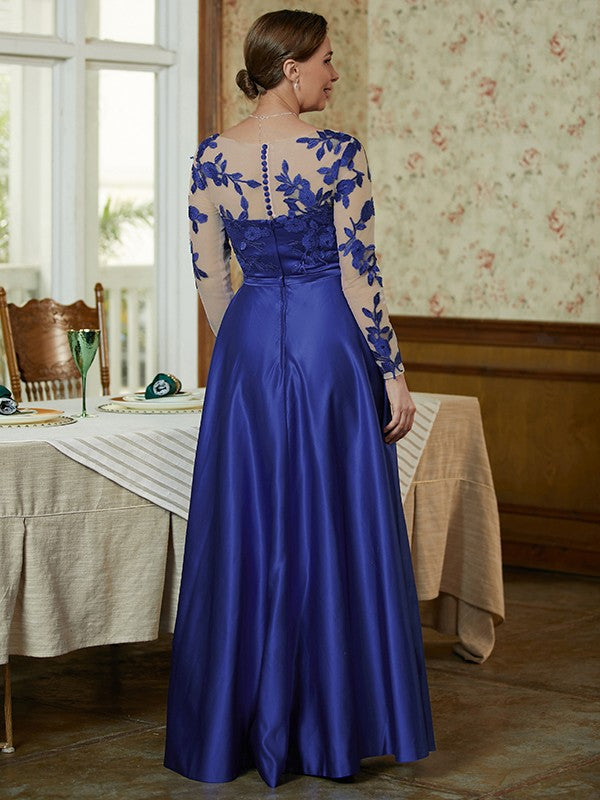 Genevieve A-Line/Princess Satin Applique V-neck Long Sleeves Floor-Length Mother of the Bride Dresses DLP0020358