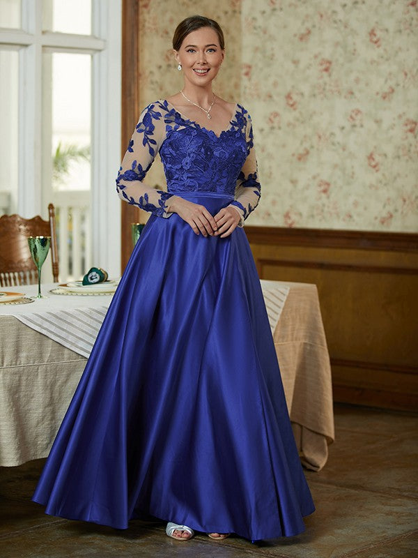 Genevieve A-Line/Princess Satin Applique V-neck Long Sleeves Floor-Length Mother of the Bride Dresses DLP0020358