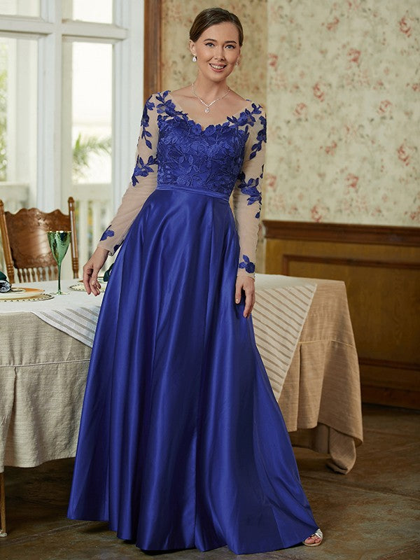 Genevieve A-Line/Princess Satin Applique V-neck Long Sleeves Floor-Length Mother of the Bride Dresses DLP0020358