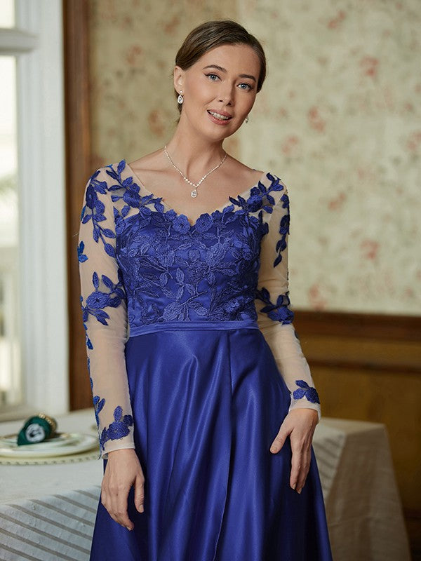 Genevieve A-Line/Princess Satin Applique V-neck Long Sleeves Floor-Length Mother of the Bride Dresses DLP0020358