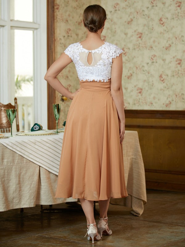 Kendal A-Line/Princess Chiffon Lace V-neck Sleeveless Tea-Length Mother of the Bride Dresses DLP0020364