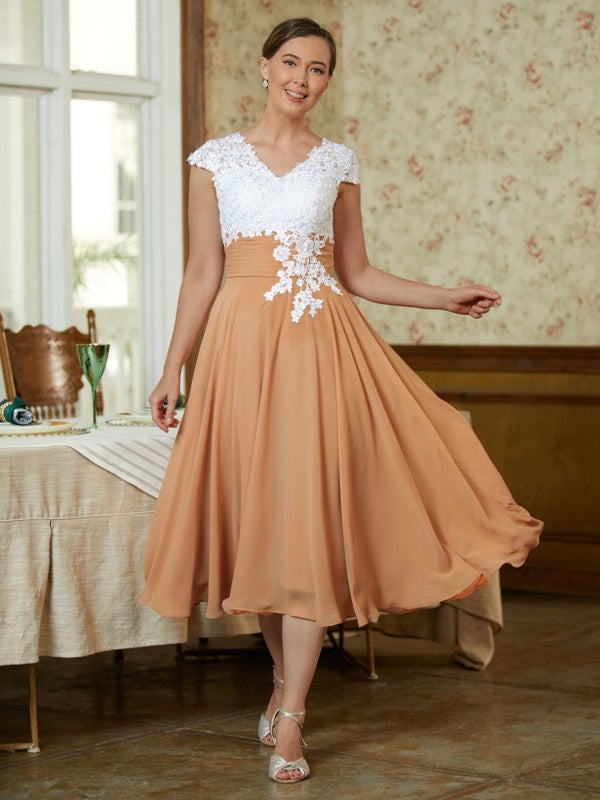 Kendal A-Line/Princess Chiffon Lace V-neck Sleeveless Tea-Length Mother of the Bride Dresses DLP0020364