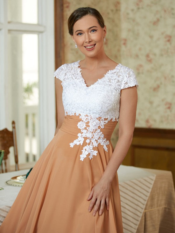 Kendal A-Line/Princess Chiffon Lace V-neck Sleeveless Tea-Length Mother of the Bride Dresses DLP0020364