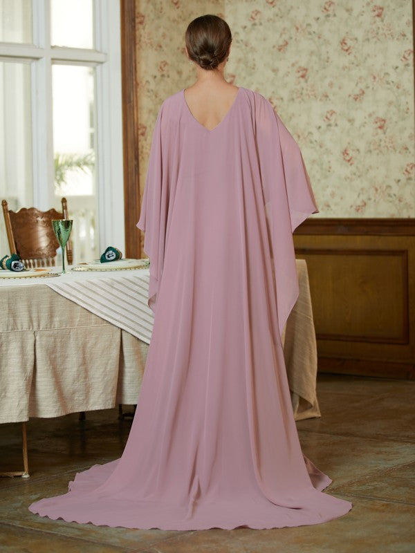 Arely Sheath/Column Chiffon Ruffles Scoop Long Sleeves Sweep/Brush Train Mother of the Bride Dresses DLP0020360