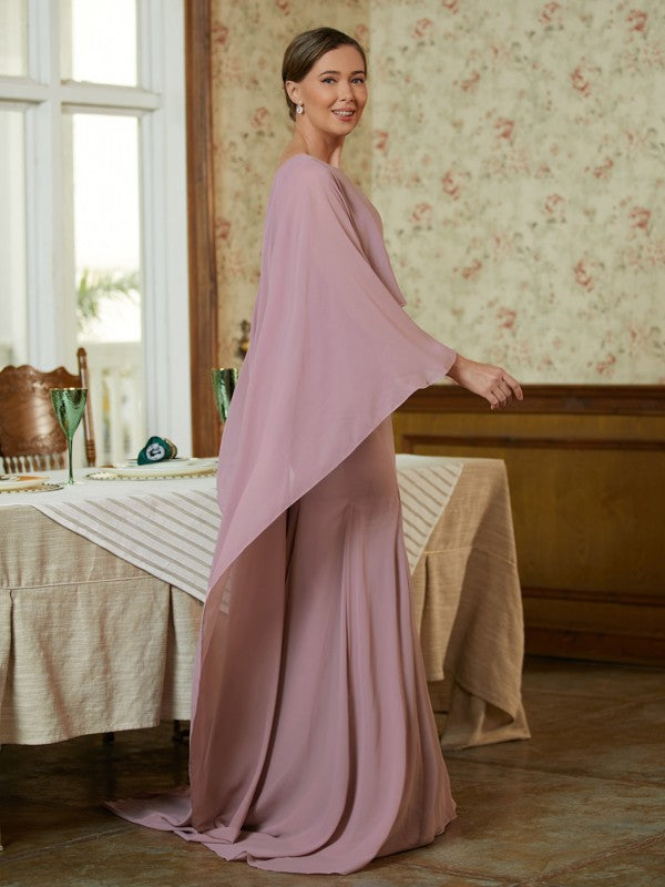 Arely Sheath/Column Chiffon Ruffles Scoop Long Sleeves Sweep/Brush Train Mother of the Bride Dresses DLP0020360