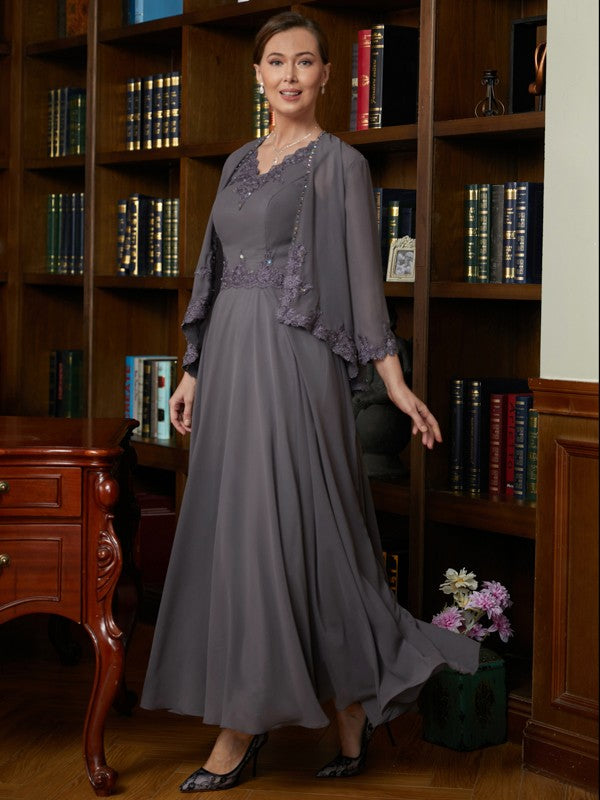 Damaris A-Line/Princess Chiffon Applique V-neck Sleeveless Ankle-Length Mother of the Bride Dresses DLP0020365