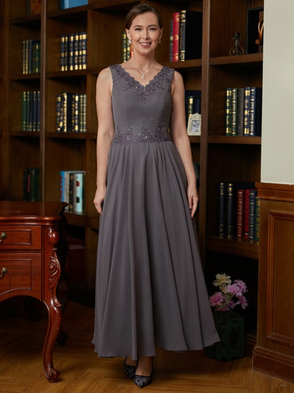 Damaris A-Line/Princess Chiffon Applique V-neck Sleeveless Ankle-Length Mother of the Bride Dresses DLP0020365