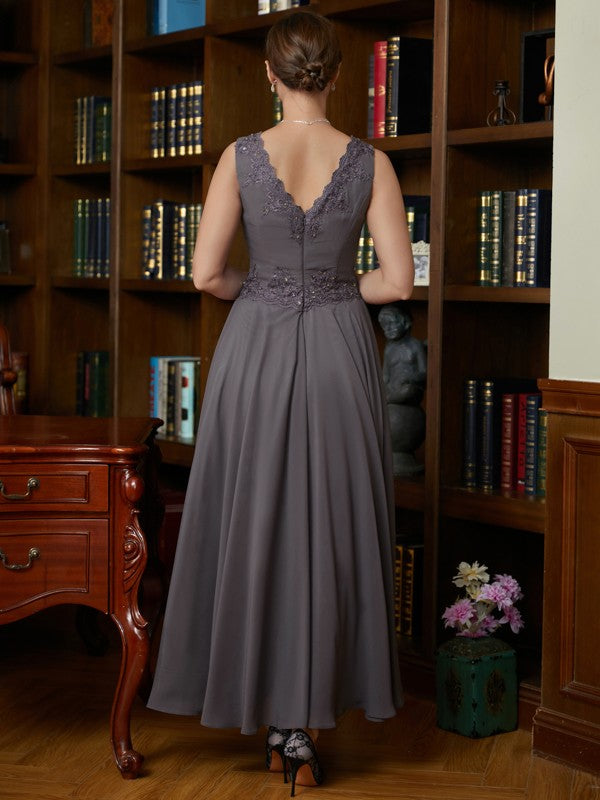 Damaris A-Line/Princess Chiffon Applique V-neck Sleeveless Ankle-Length Mother of the Bride Dresses DLP0020365