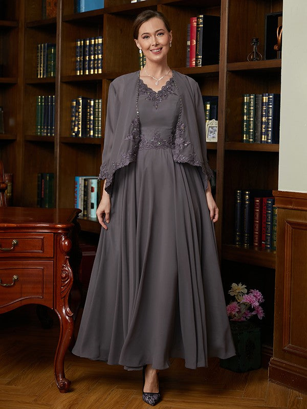 Damaris A-Line/Princess Chiffon Applique V-neck Sleeveless Ankle-Length Mother of the Bride Dresses DLP0020365