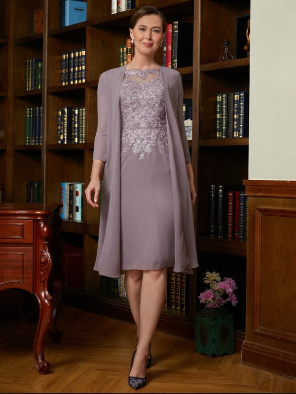 Aleena Sheath/Column Chiffon Lace Scoop Short Sleeves Knee-Length Mother of the Bride Dresses DLP0020316