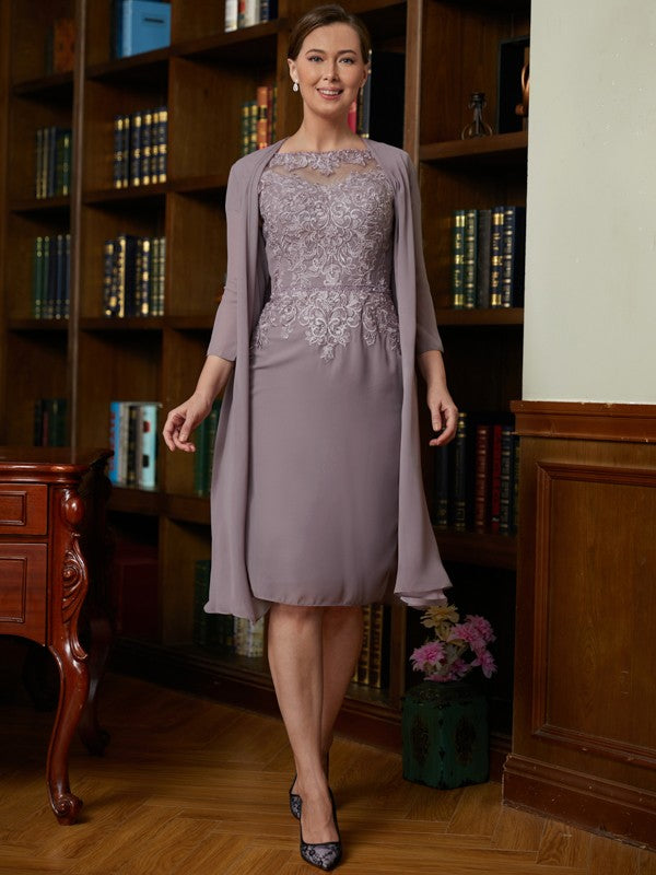 Aleena Sheath/Column Chiffon Lace Scoop Short Sleeves Knee-Length Mother of the Bride Dresses DLP0020316