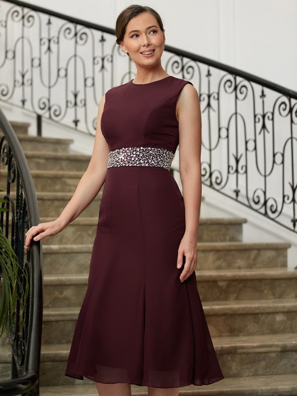 Serenity Sheath/Column Chiffon Beading Scoop Sleeveless Tea-Length Mother of the Bride Dresses DLP0020370