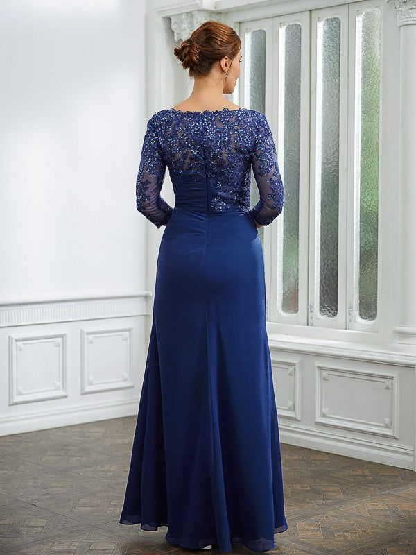 Nora Sheath/Column Chiffon Applique Bateau 3/4 Sleeves Floor-Length Mother of the Bride Dresses DLP0020280