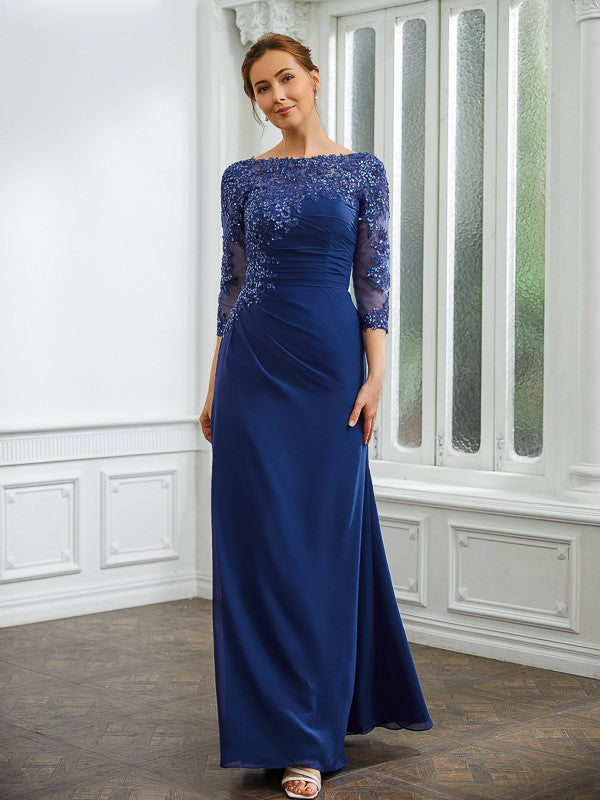 Nora Sheath/Column Chiffon Applique Bateau 3/4 Sleeves Floor-Length Mother of the Bride Dresses DLP0020280