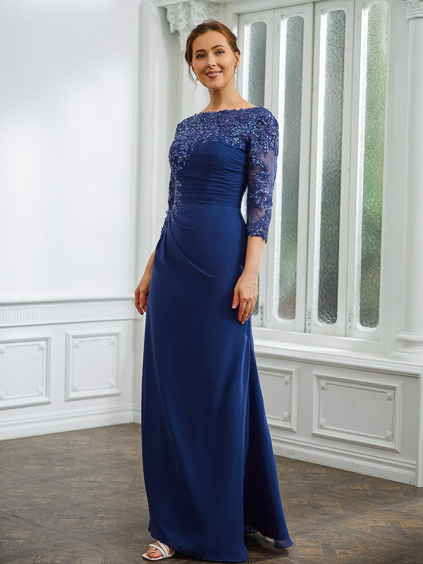 Nora Sheath/Column Chiffon Applique Bateau 3/4 Sleeves Floor-Length Mother of the Bride Dresses DLP0020280