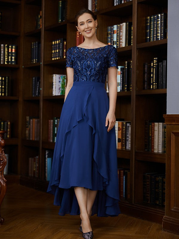 Rhianna A-Line/Princess Chiffon Applique Bateau Short Sleeves Asymmetrical Mother of the Bride Dresses DLP0020281