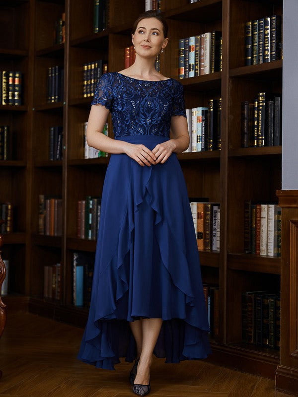 Rhianna A-Line/Princess Chiffon Applique Bateau Short Sleeves Asymmetrical Mother of the Bride Dresses DLP0020281