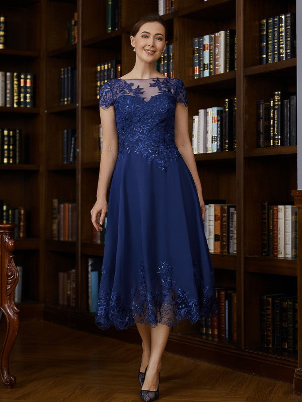 Martha A-Line/Princess Chiffon Applique Bateau Short Sleeves Tea-Length Mother of the Bride Dresses DLP0020275