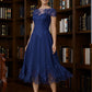 Martha A-Line/Princess Chiffon Applique Bateau Short Sleeves Tea-Length Mother of the Bride Dresses DLP0020275