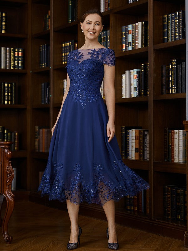 Martha A-Line/Princess Chiffon Applique Bateau Short Sleeves Tea-Length Mother of the Bride Dresses DLP0020275