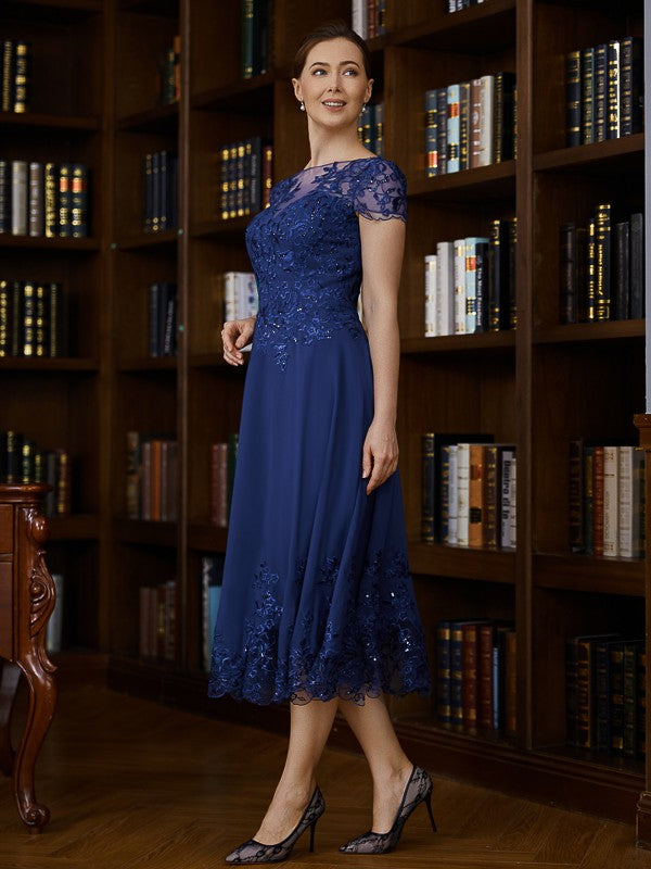 Martha A-Line/Princess Chiffon Applique Bateau Short Sleeves Tea-Length Mother of the Bride Dresses DLP0020275