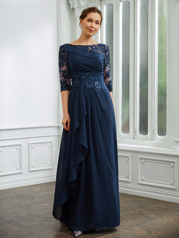 Bailee A-Line/Princess Chiffon Applique Bateau 3/4 Sleeves Floor-Length Mother of the Bride Dresses DLP0020276