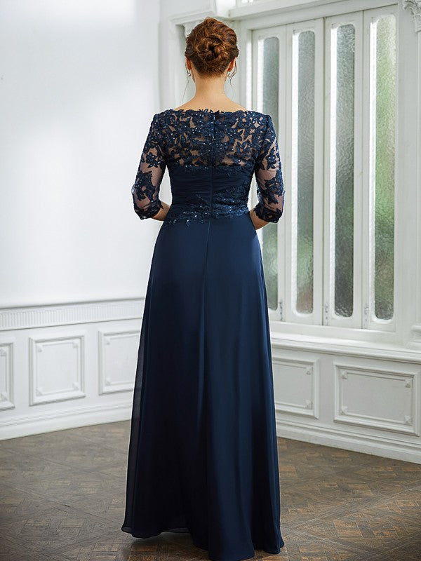 Bailee A-Line/Princess Chiffon Applique Bateau 3/4 Sleeves Floor-Length Mother of the Bride Dresses DLP0020276