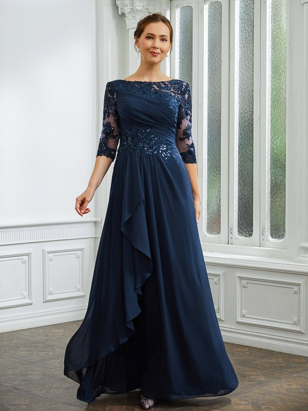 Bailee A-Line/Princess Chiffon Applique Bateau 3/4 Sleeves Floor-Length Mother of the Bride Dresses DLP0020276