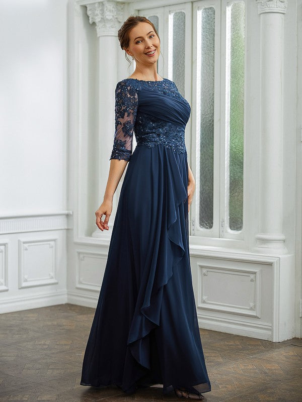 Bailee A-Line/Princess Chiffon Applique Bateau 3/4 Sleeves Floor-Length Mother of the Bride Dresses DLP0020276