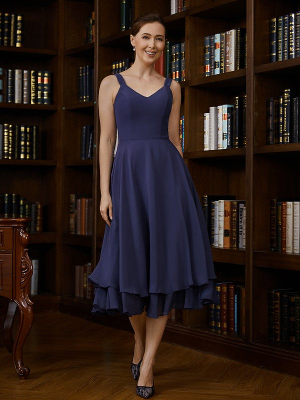 Bethany A-Line/Princess Chiffon Ruched V-neck Sleeveless Tea-Length Mother of the Bride Dresses DLP0020277