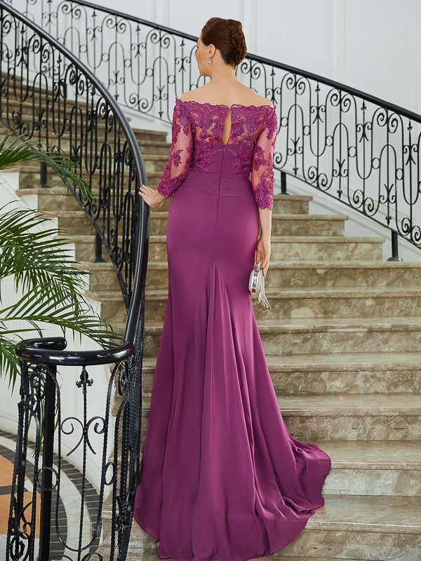 Nina Sheath/Column Chiffon Applique Off-the-Shoulder 3/4 Sleeves Sweep/Brush Train Mother of the Bride Dresses DLP0020278