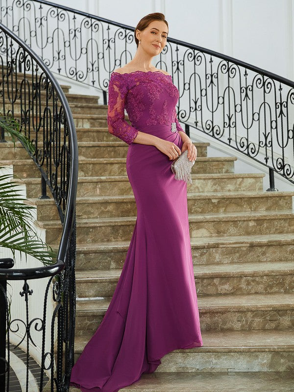 Nina Sheath/Column Chiffon Applique Off-the-Shoulder 3/4 Sleeves Sweep/Brush Train Mother of the Bride Dresses DLP0020278