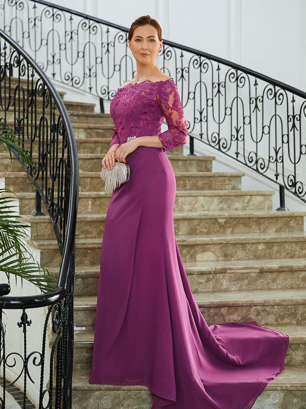 Nina Sheath/Column Chiffon Applique Off-the-Shoulder 3/4 Sleeves Sweep/Brush Train Mother of the Bride Dresses DLP0020278