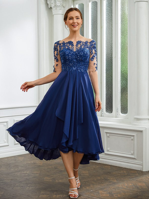 Trudie A-Line/Princess Chiffon Applique Bateau 1/2 Sleeves Tea-Length Mother of the Bride Dresses DLP0020279