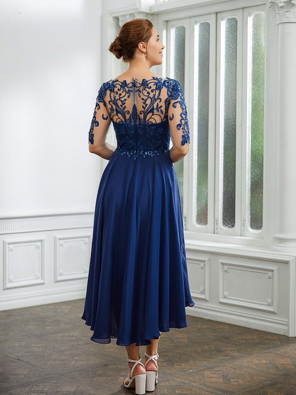 Trudie A-Line/Princess Chiffon Applique Bateau 1/2 Sleeves Tea-Length Mother of the Bride Dresses DLP0020279