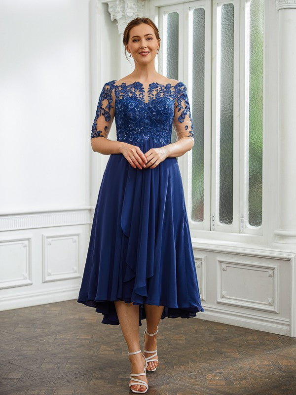 Trudie A-Line/Princess Chiffon Applique Bateau 1/2 Sleeves Tea-Length Mother of the Bride Dresses DLP0020279