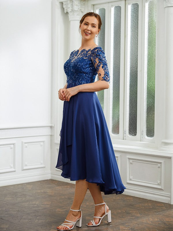 Trudie A-Line/Princess Chiffon Applique Bateau 1/2 Sleeves Tea-Length Mother of the Bride Dresses DLP0020279