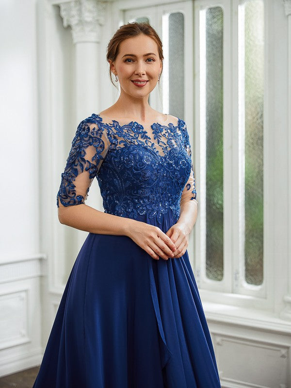 Trudie A-Line/Princess Chiffon Applique Bateau 1/2 Sleeves Tea-Length Mother of the Bride Dresses DLP0020279