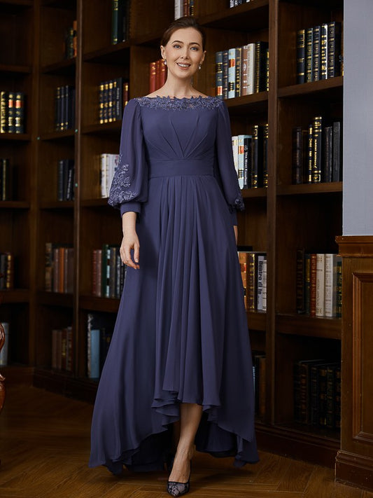 Nora A-Line/Princess Chiffon Ruched Bateau 3/4 Sleeves Asymmetrical Mother of the Bride Dresses DLP0020265