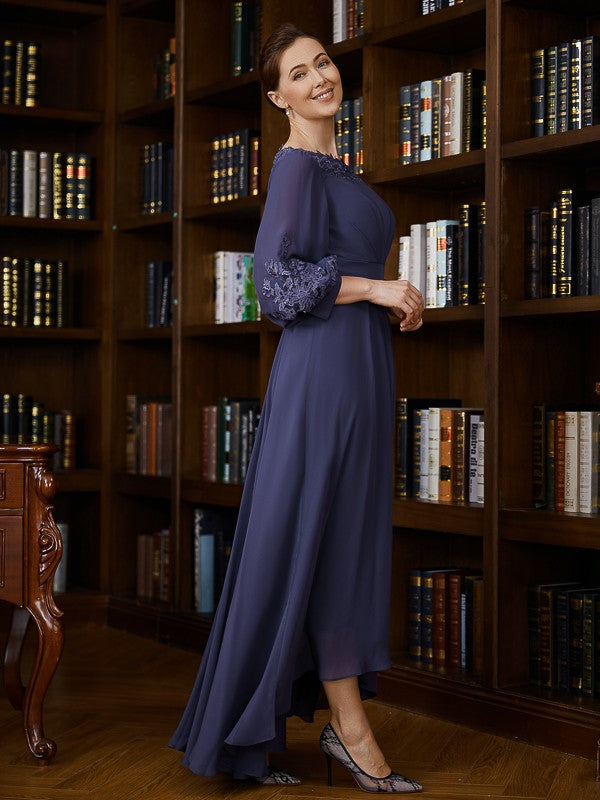 Nora A-Line/Princess Chiffon Ruched Bateau 3/4 Sleeves Asymmetrical Mother of the Bride Dresses DLP0020265