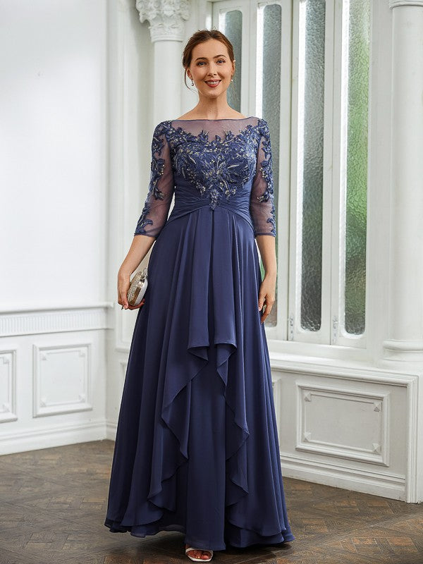 Lois A-Line/Princess Chiffon Applique Bateau 3/4 Sleeves Floor-Length Mother of the Bride Dresses DLP0020266