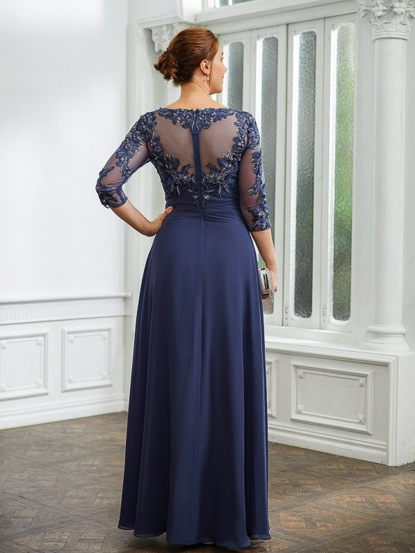 Lois A-Line/Princess Chiffon Applique Bateau 3/4 Sleeves Floor-Length Mother of the Bride Dresses DLP0020266