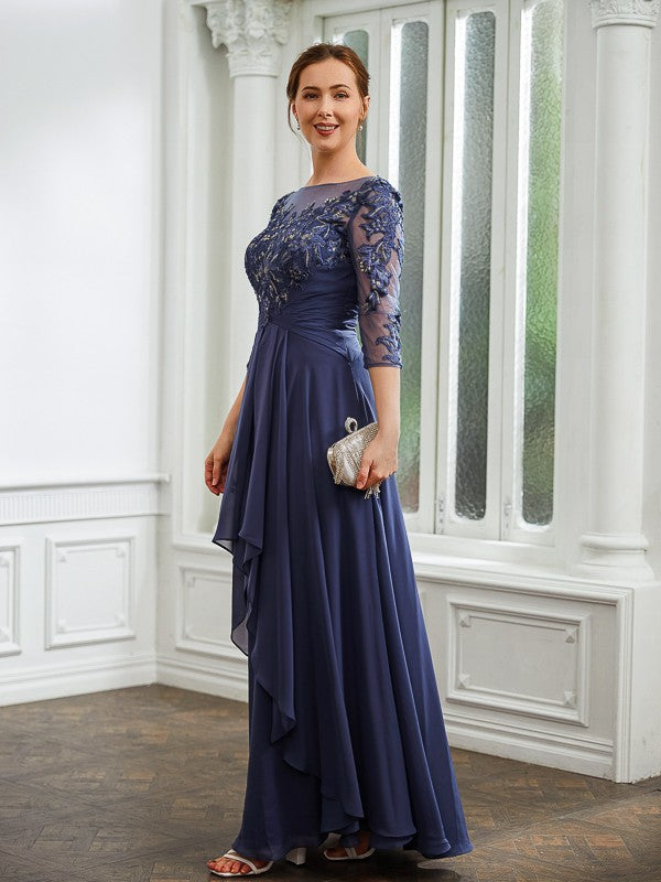 Lois A-Line/Princess Chiffon Applique Bateau 3/4 Sleeves Floor-Length Mother of the Bride Dresses DLP0020266