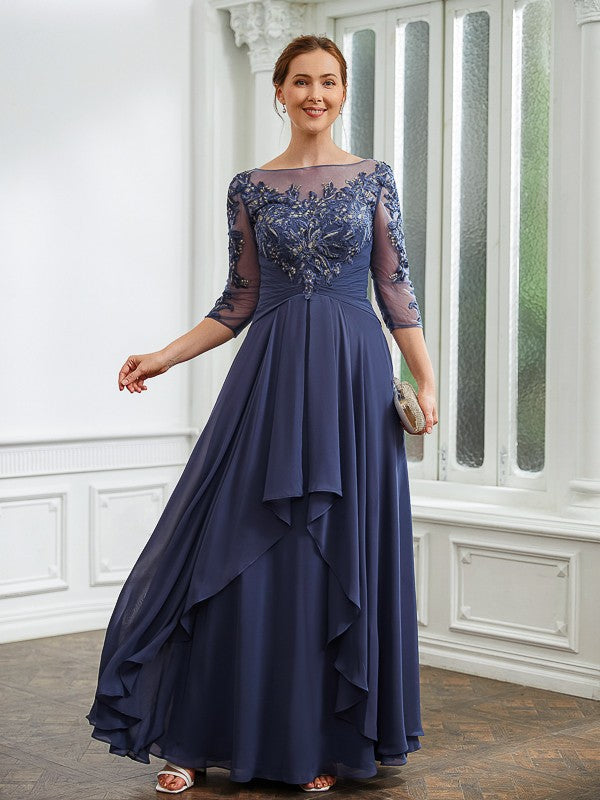 Lois A-Line/Princess Chiffon Applique Bateau 3/4 Sleeves Floor-Length Mother of the Bride Dresses DLP0020266